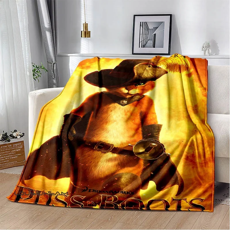 Fashion Anime Puss in Boots Print Blanket Kids Warm Flannel Soft and Comfortable Home Travel Blanket Birthday Gift Home Textiles