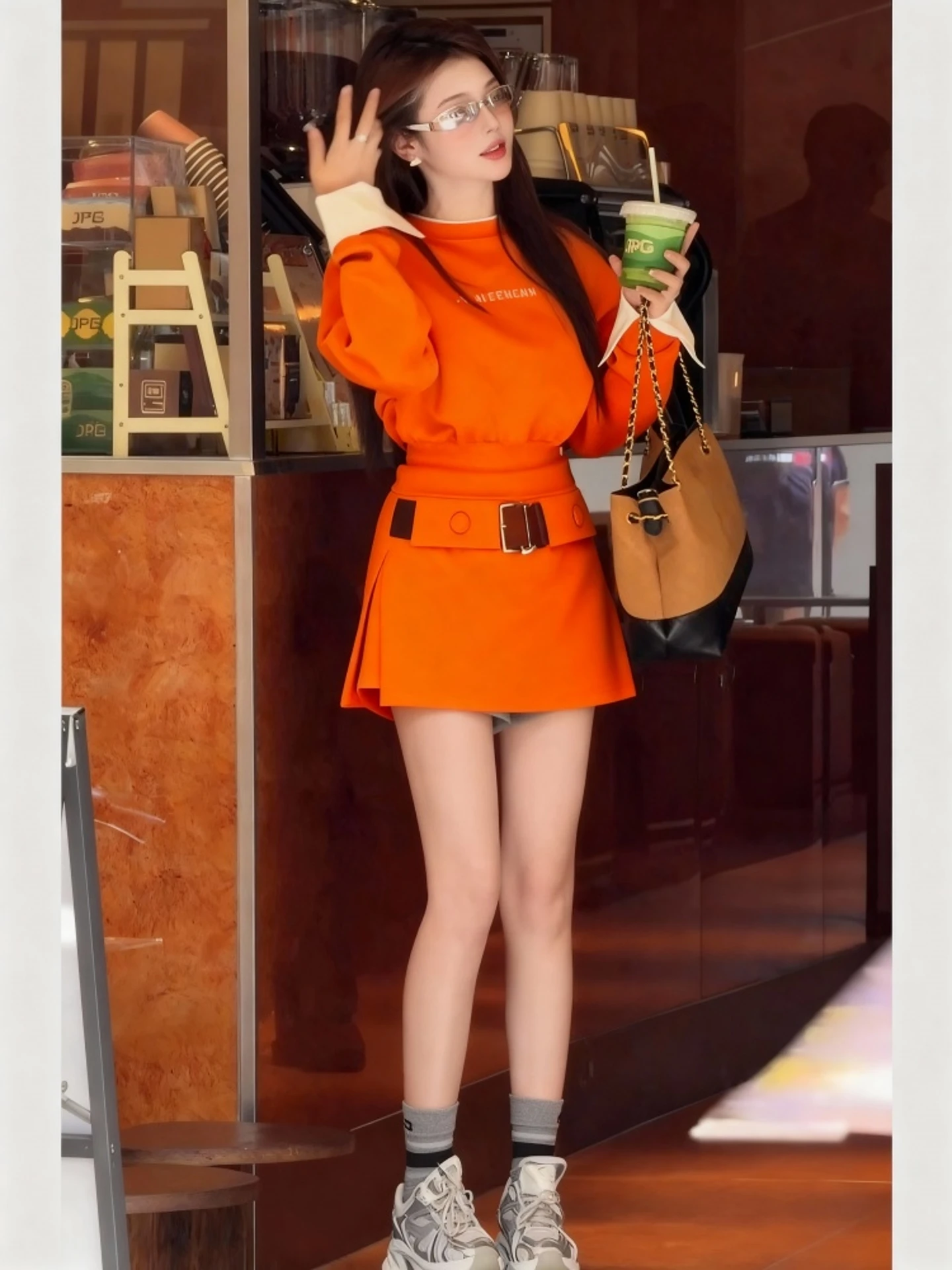 

Orange Sweatshirt Skirt Set Casual Sporty High-Quality Korean Style Two-Piece Winter Fashion Women's Ensemble Warm Thick Poly...