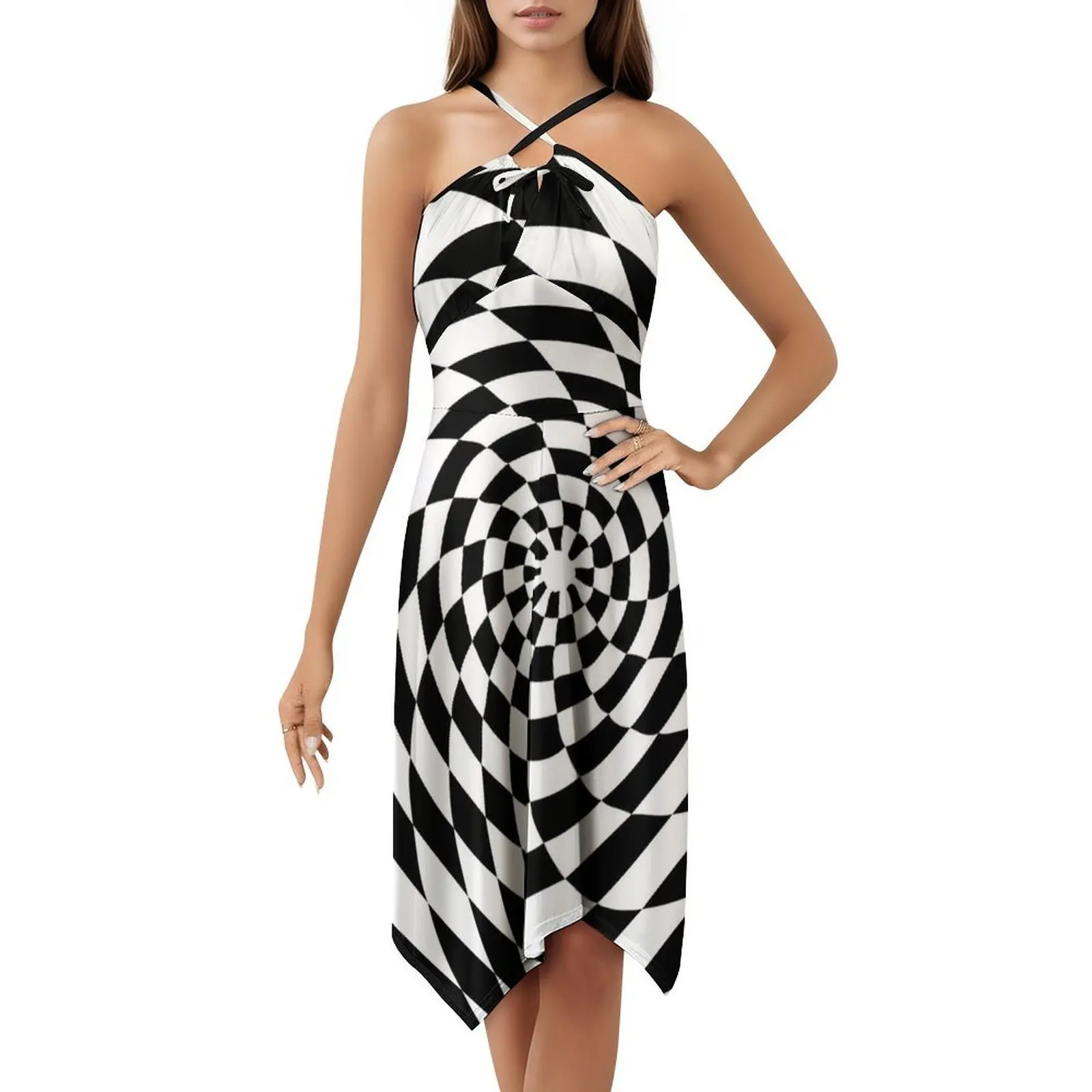 الوهم البصري Op Art فستان بوهيمي أبيض وأسود بدون أكمام للنساء طباعة فساتين حفلات الشاطئ الوهم البصري الرجعية #5