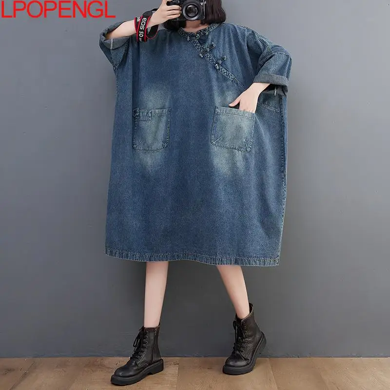 Imagem -03 - Pulôver Feminino Lavado de Manga Batwing Vestido Jeans Streetwear Fivela Literária Retrô Solto Casual com Tudo a Combinar Primavera e Verão Novo