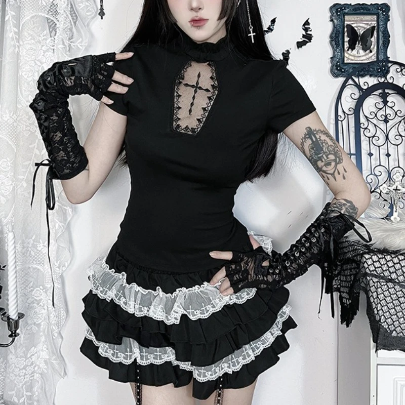 Conjunto de dos piezas Vintage de estilo oscuro para mujer, Top de manga corta con estampado cruzado + traje de falda de contraste de encaje, conjuntos informales negros Y2k 2025