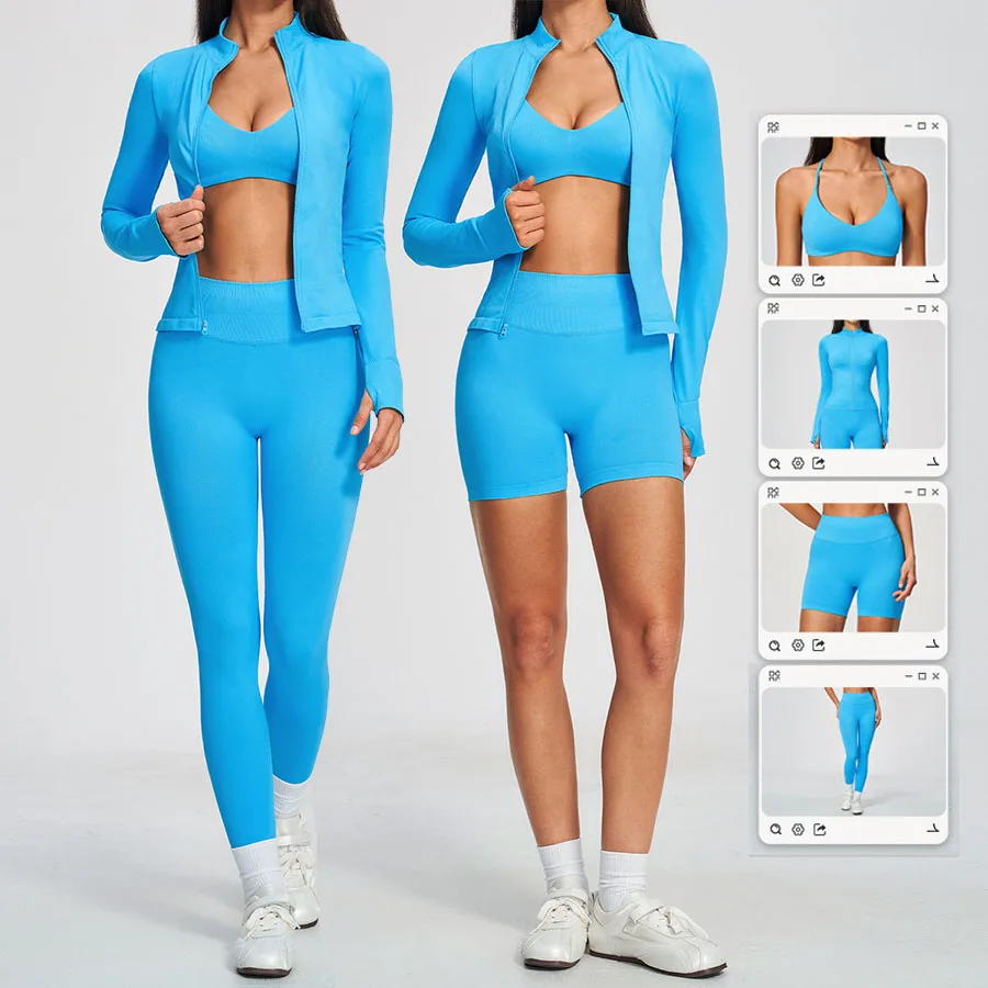 Nahtloses Yoga-Set 3-teilig, Sportbekleidung für Damen, Langarm-Trainingsanzug, Fitness-Set, Sport-BH, Leggings, Sportanzug – Detail 1