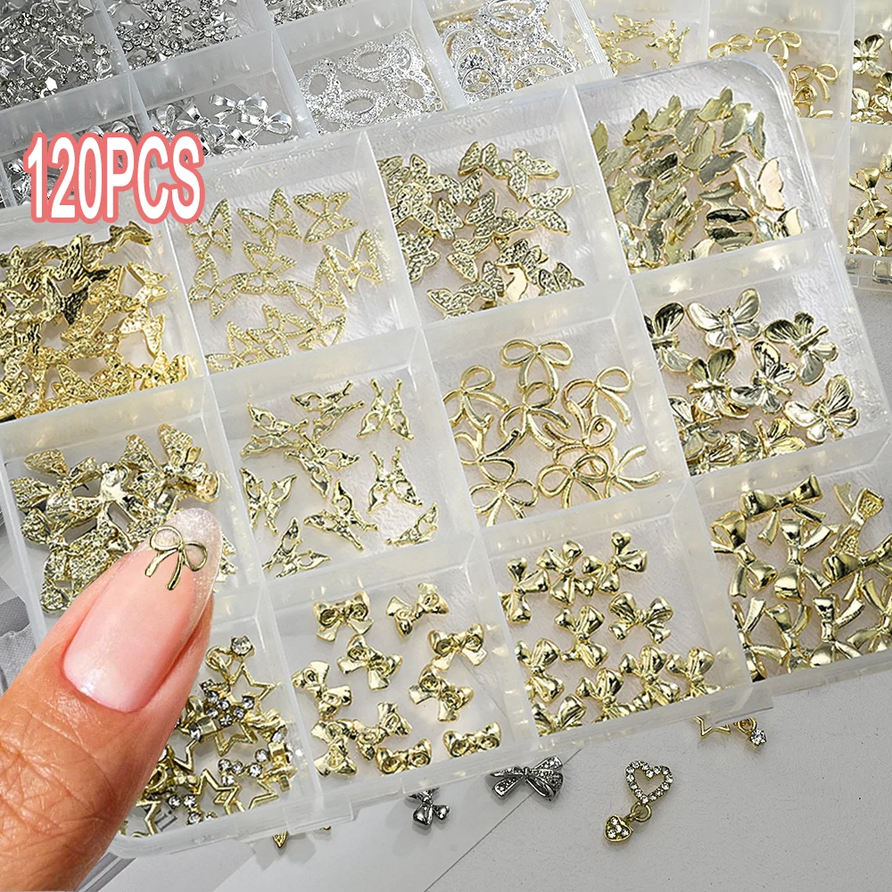 120 Uds. De dijes 3D de aleación dorada mezclada con lazo para decoración de uñas, cinta de Metal de lujo, pajarita, accesorios para uñas, decoraciones para uñas con lazo exquisito