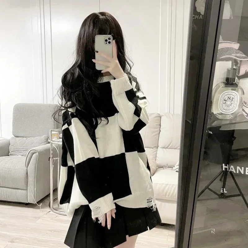 Koreanischen Stil Plaid Nette Oversize-Pullover Frauen Harajuku Aushöhlen Gestrickte Crewneck Jumper Pullover Weibliche Schweiß Tops