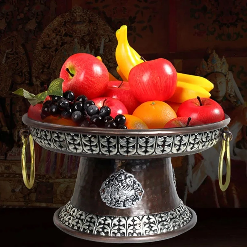 Tibetan Alloy Fruit Dish Embossed Auspicious Large Size Ancient Red Plate Tantric 25cm Tray Desktop Home Altars Decorative