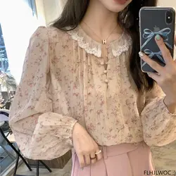 White Lace Cute Sweet Tops Blouse New 2023 Fashion Women Long Sleeve Casual Japan Style Floral Print Retro Vintage Button Shirts