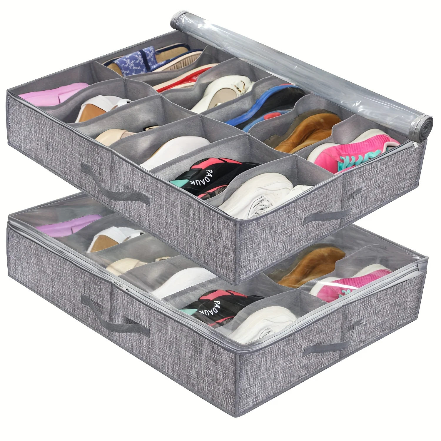 2pcs/Set Under Bed Shoe  Organizer, Foldable Fabric Shoes Container Box With Clear Cover See Through Window  Bag With 2 Handles,