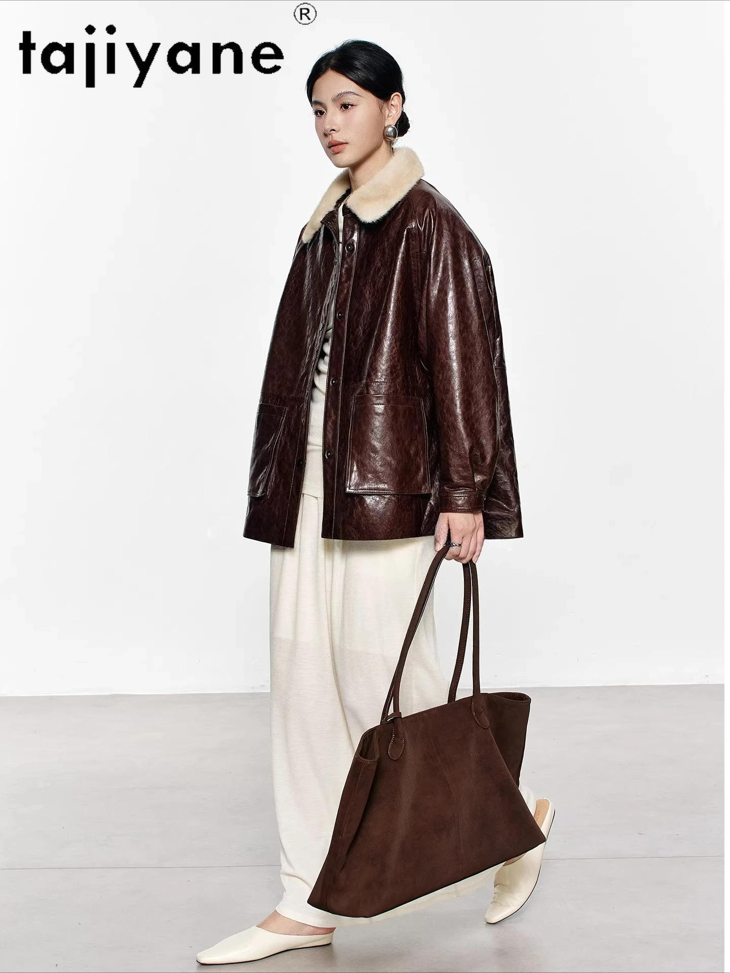 TAJIYANE Öl Wachs Schaffell Gänsedaunen Mantel Frau Nerz Pelz Kragen Mäntel Echt Leder Puffer Jacke 2025 Winter Kleidung Nayeка