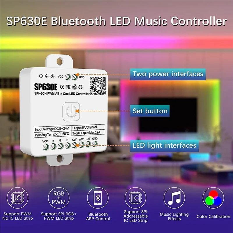 Controlador LED SP630E con Bluetooth, compatible con PWM, Color único, CCT, RGB, RGBW, RGBCCT, SPI, TTL, Chip IC, tira de luz LED