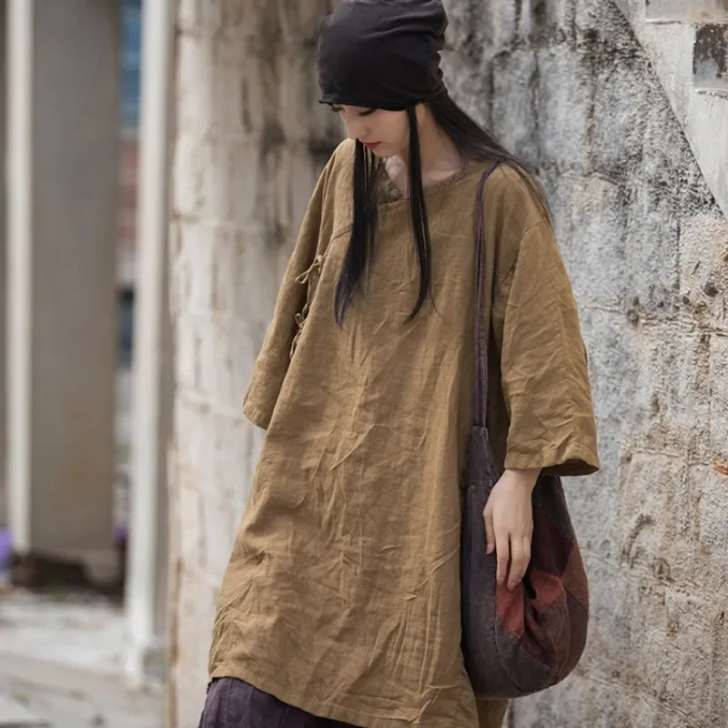 

Summer Retro Casual Women Soft Cotton Linen Tee Wear Solid Color Oblique Collar Shirt Tops Chinese Loose Half Short Sleeve B743