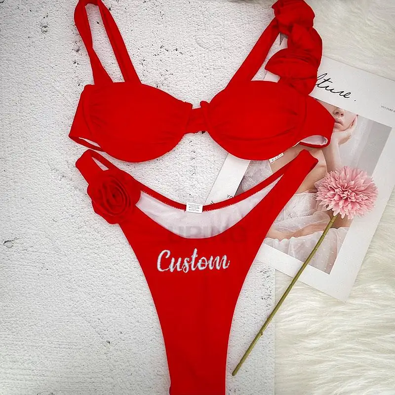 Personality Flower Embroidery Letter Swimwear Swimsuit For Women Custom Name Bikini Sets Hotwife Pool Party Dress Three-point