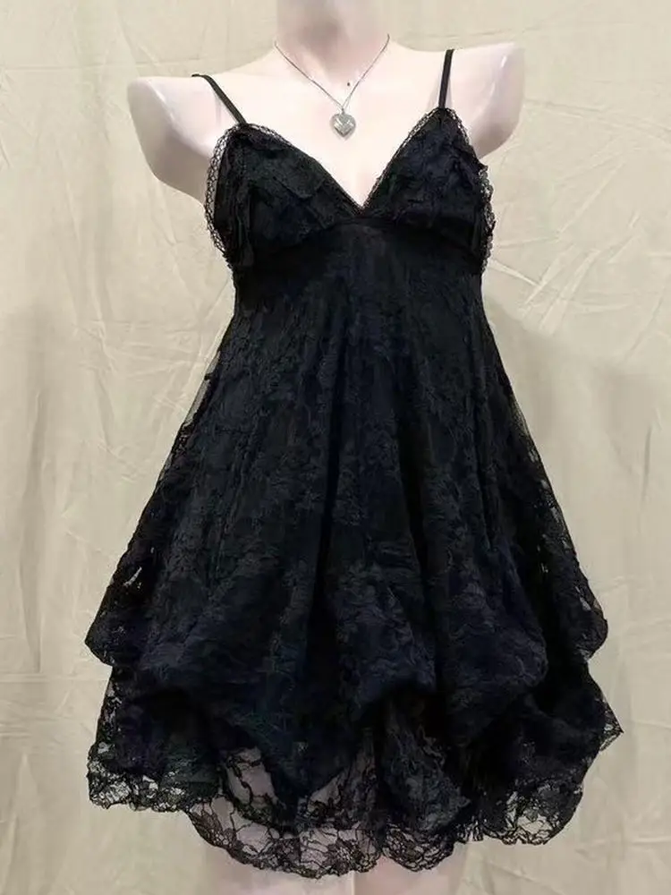 

2025 Japanese Vintage Style Strap Dress Women Korean Fashion Black Lace Cami Dresses Summer Sweet Patchwork New One Piece Dress