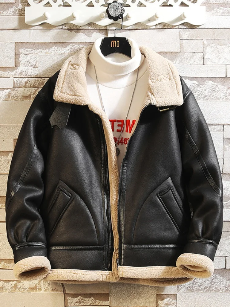 

Lamb Fur Jaet Men's Winter Thiened Fce Motorcycle Inteated Suede Cotton Clothes Warmth Outerwear Casual Sle
