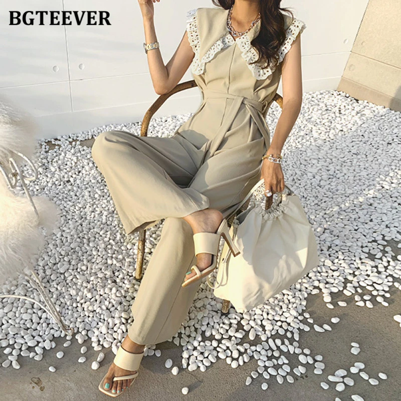 BGTEEVER Modne Długie Spodnie Damskie Kombinezony z Klapami, Koronkowymi Wstawkami, Sznurowane Kombinezony z Szerokimi Nogawkami, Letnie Stroje Damskie