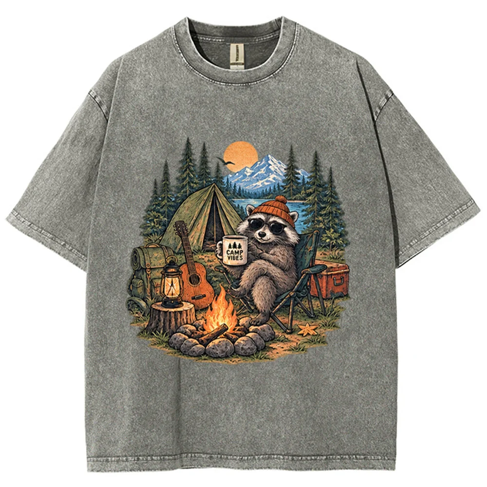 Camp Vibes Raccoon Camping T Shirt For Men Women Retro Mountain Forest Campfire Tent Guitar Graphic Tee Casual Short Sleeve