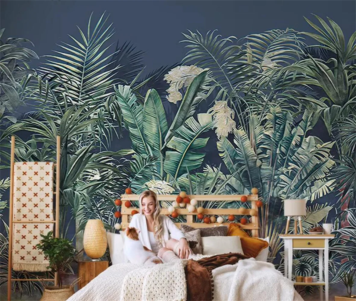 American hand drawn oil painting forest 3d wallpaper leaves living room TV background wall paper sofa custom mural