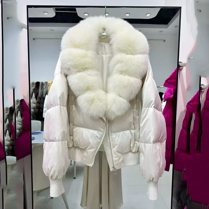 Winter Natural Large Fur Collar Short Down Jacket Female Zipper Warm Quilted Bread Jacket Women White Duck Down Fur Outwears