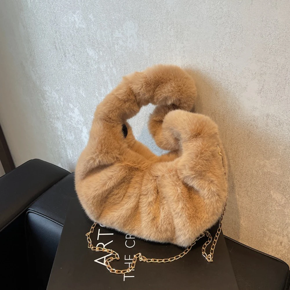 Winter Faux Fur Women Furry Tote Bag with Chain Solid Color Fuzzy Shoulder Bag Plush Crossbody Bag Female Commute Bag