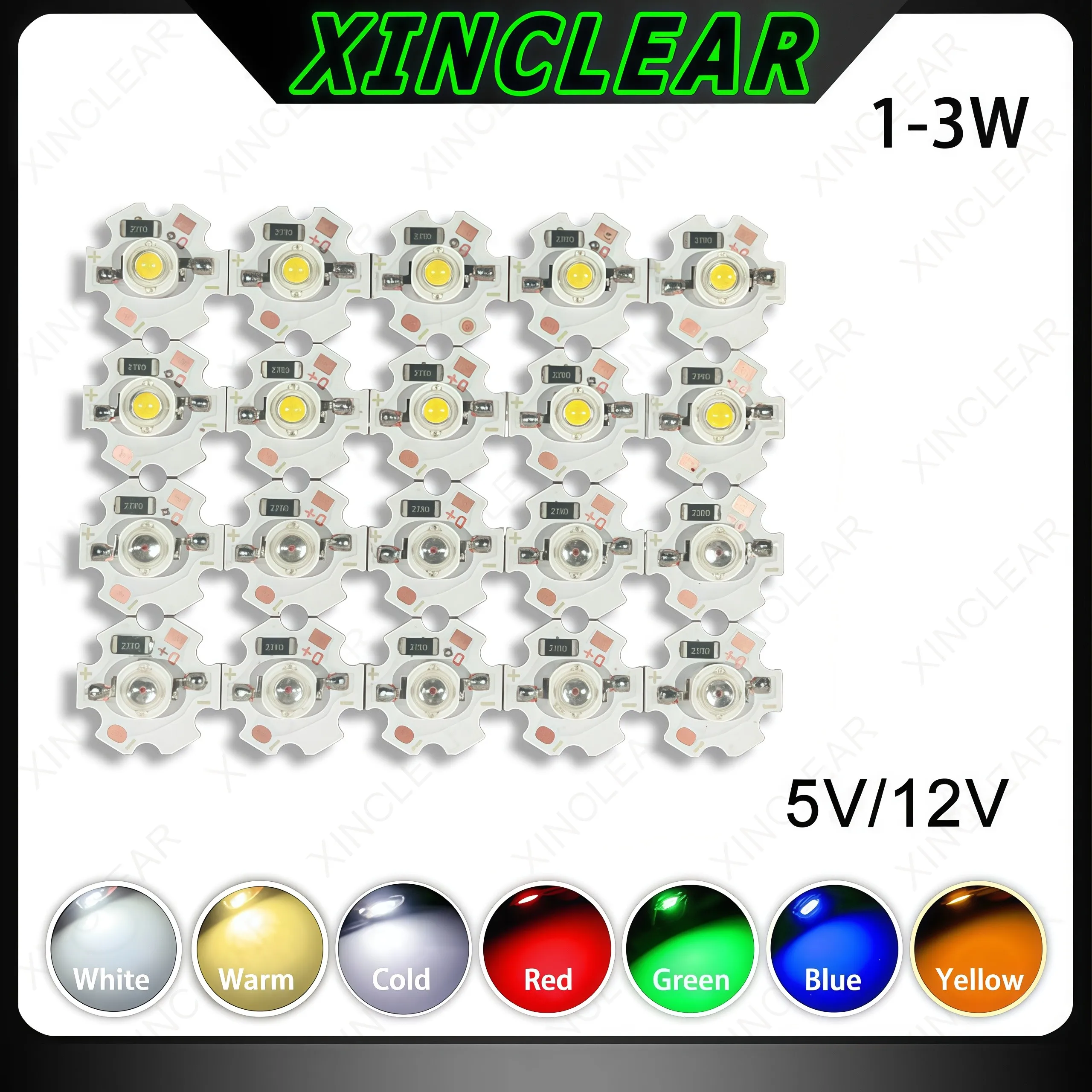 10 peças de LEDs de 1W 3W DC5V 12V, branco quente, vermelho, verde, azul, amarelo, espectro completo, chips LED para crescimento com PCB estrela de 20mm para DIY