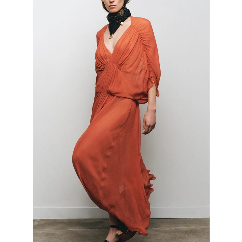 فستان نسائي صيفي بحافة غير متماثلة وياقة على شكل V وأكمام مطوية، فستان طويل بخصر مرتفع وأكمام خفاشية من البوليستر بتصميم A-line #4