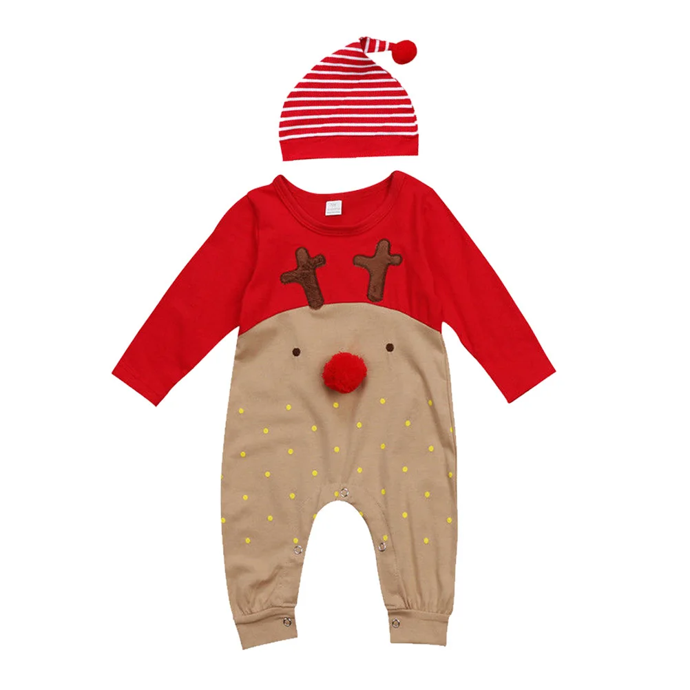 Pasgeboren baby jongens meisjes kerst cartoon rode neus rendier lange mouw bodysuit set streep hoed 0-6 maanden kerstcadeau