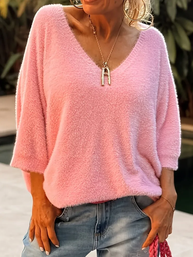 

Lady Knit Sweater Casual Long Sleeve V Neck Pullover Loose Sweaters Tops For Women Fashion Elegant Holiday Womens Clothing New