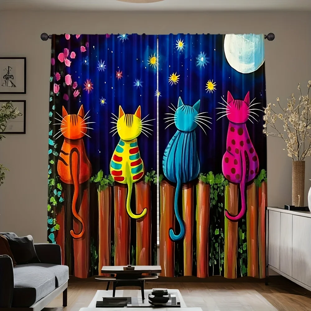 2pcs Colorful Cats on Fence Curtains Polyester Darkening Drapes for Bedroom Living Room Kids Room Moon Star Night Art Home Decor