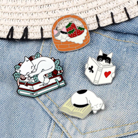 Elegant Lazy Cats Enamel Brooches Cute Cartoon Animals Badges Kitten Reading Book Sleeping Pins Jacket Denim Lapel Jewelry Gifts