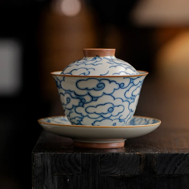 Ru Kiln Beige Crackle Cloud Pattern Three-Talent Gaiwan Kung Fu Set Household Ceramic Offering Tea Brewing Bowl