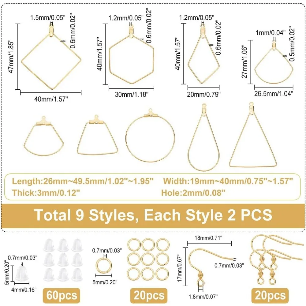 20pcs 10 Styles Golden Hoop Earring Findings 304 Stainless Steel Assorted Geometric Earrings with 20pcs Earring Hooks Wire