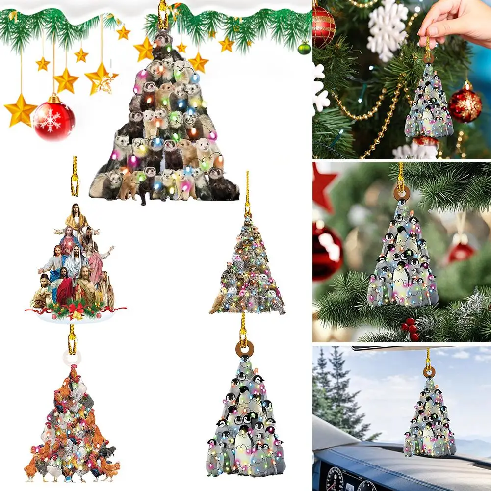 Árvore de natal pendurado ornamento forma de árvore decoração acrílica 2d animais planos empilhados pingente para festas decoração de casa do carro y8m0