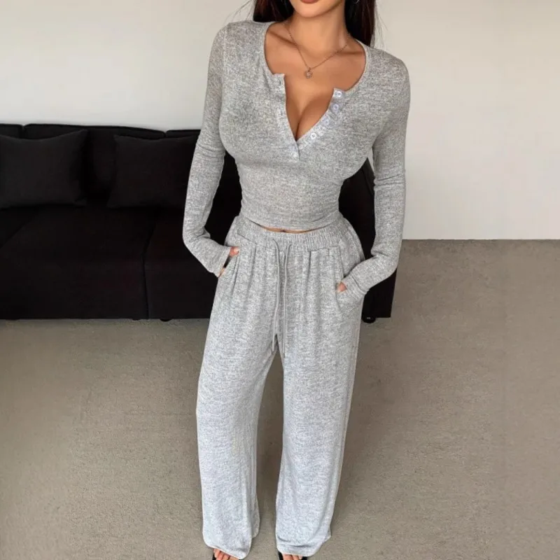 

Women Autumn Spring Solid Pullover Sweatsuit Pants Set Long Sleeve Sweatshirt Drawstring Wide Leg Trousers 2 Piece Tracksuit