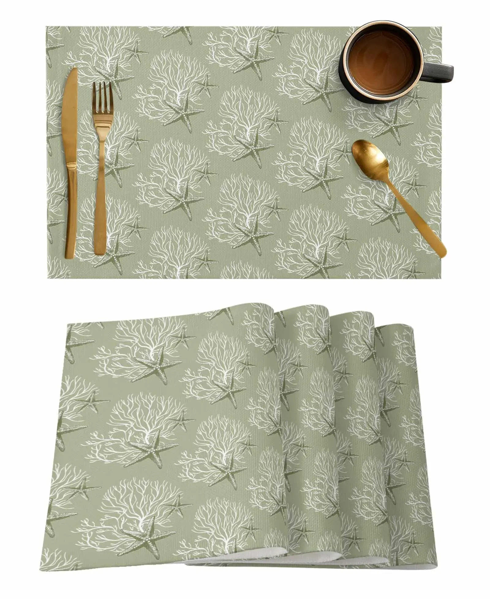 Coral Starfish Sage Green Kitchen placemats cotton and linen table mats with good waterproof and thermal insulation effects