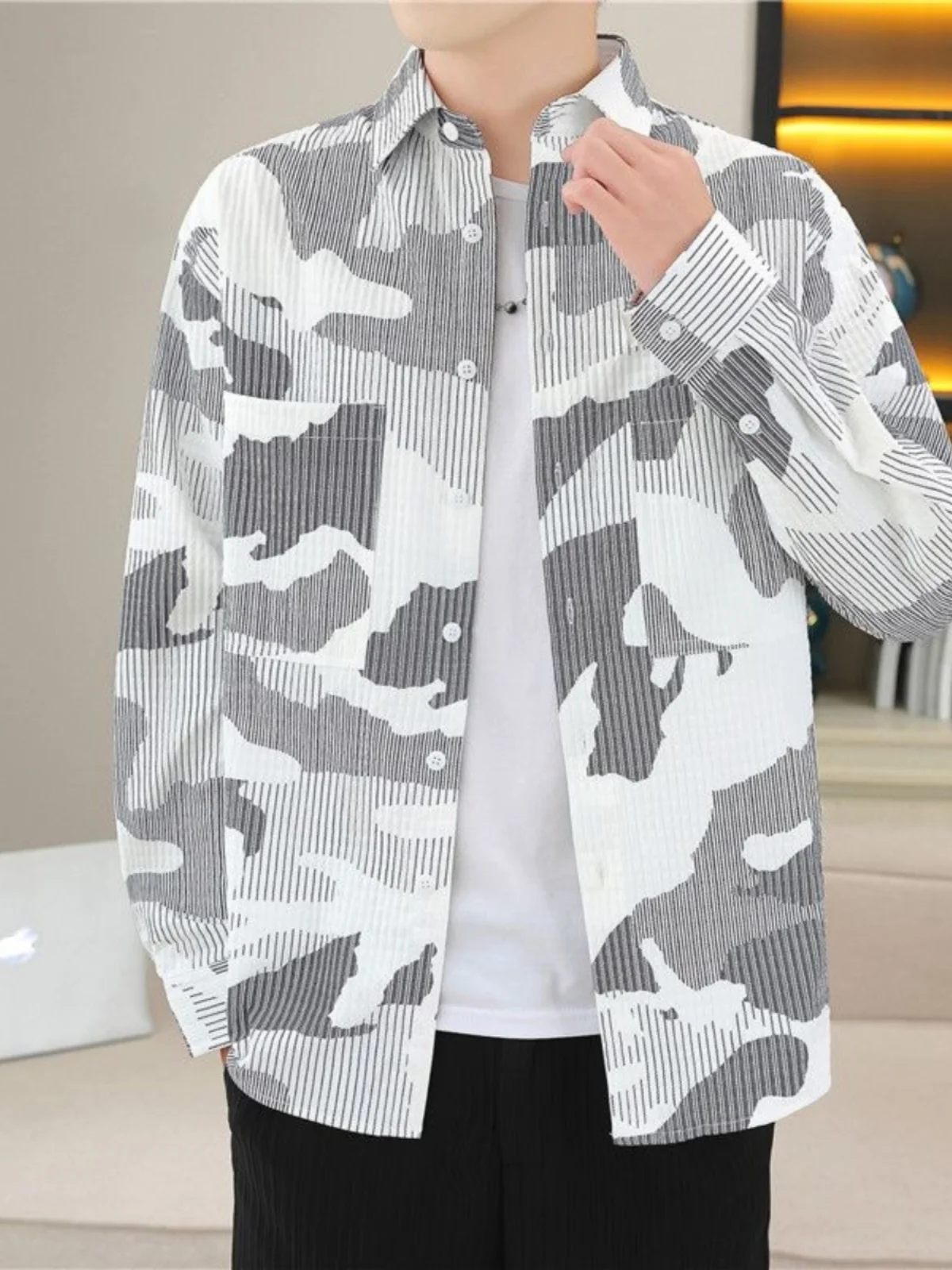 

Anti-Wrinkle Long Sve Men's irt Casual Spring Autumn Print Stand Fit Youthful Geometric Pattern Daily Wear