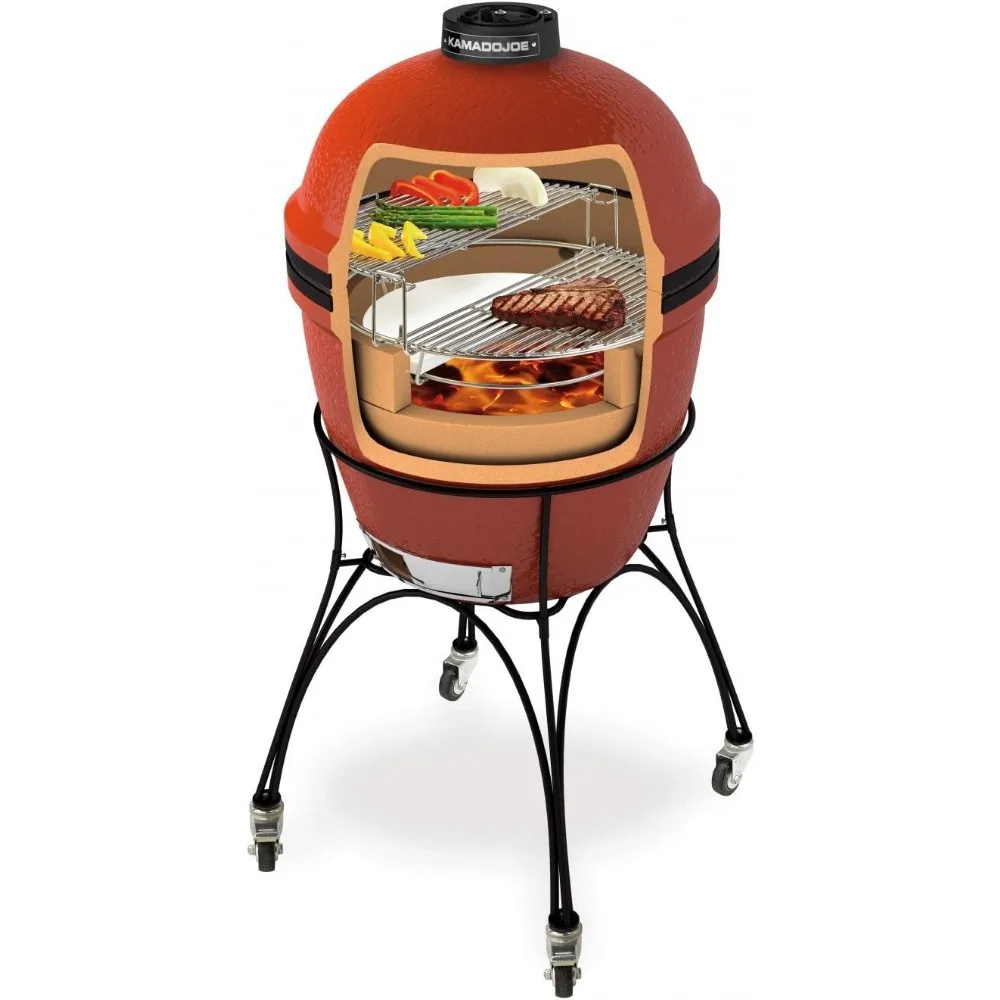 Kamado Joe Charcoal Grill com carrinho e prateleiras laterais, Red Blaze, KJ23RHC, Classic Joe II, 18 in, Novo