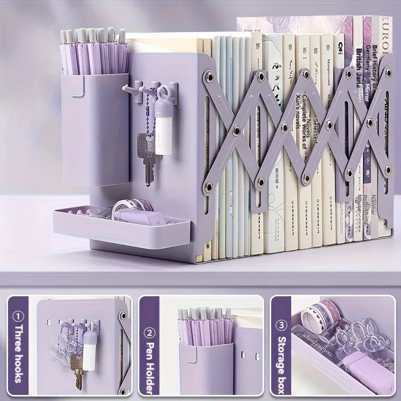 A Set of Sturdy And Versatile Retractable Bookends with Pen Holder Hooks And Storage Boxes, 6pcs Foldable Space-Saving Desktop