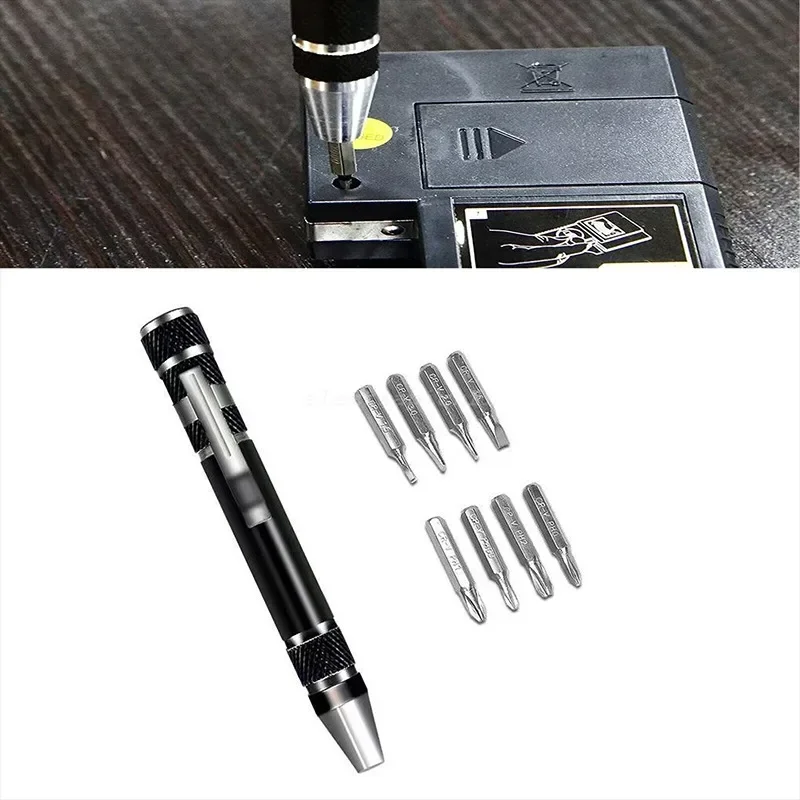 9Pcs 8 In 1 Screwdriver Set Bits Mini Aluminum Precision Pen Screw Driver Pocket Repair Tools Kit for Cell Phone Hand Tool Set