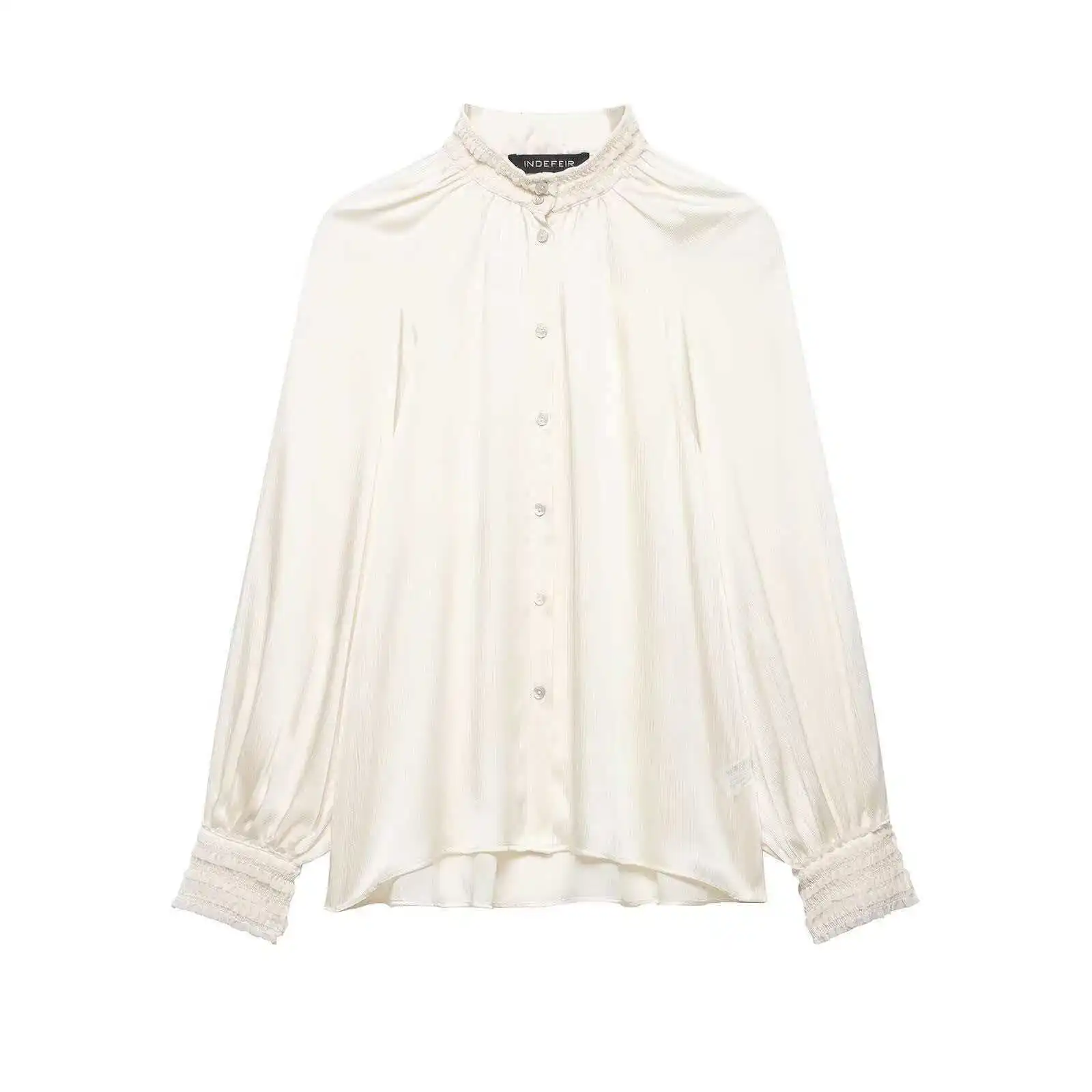 

Женская блузка с длинным рукавом из бежевого атласа, плиссированная, с отложным воротником, элегантная офисная одежда для весны и лета