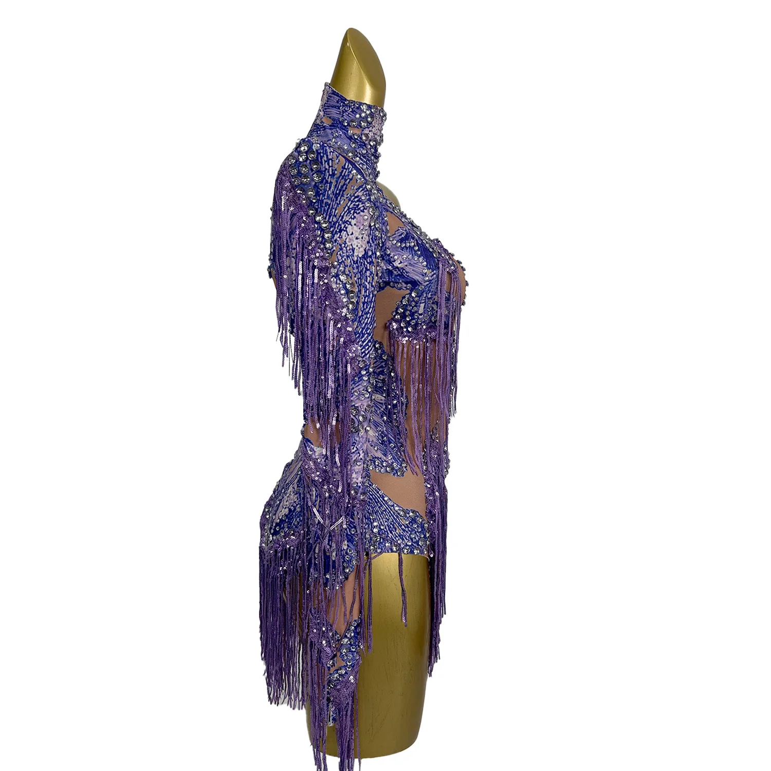Sexy One Sleeved Leotard Latin Pole Dance Performance Costume Purple Sequins Tassel Bodysuit Nightclub Bar Party Dress Duxiu
