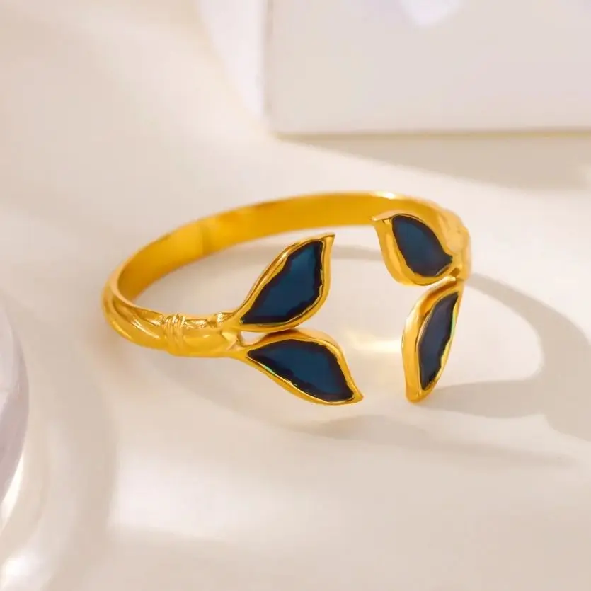 

Fashion Blue Wing Rings For Women Gold Color Stainless Steel Adjustable Fish Tail Ring Aesthetic Wedding Christmas Jewelry Gift
