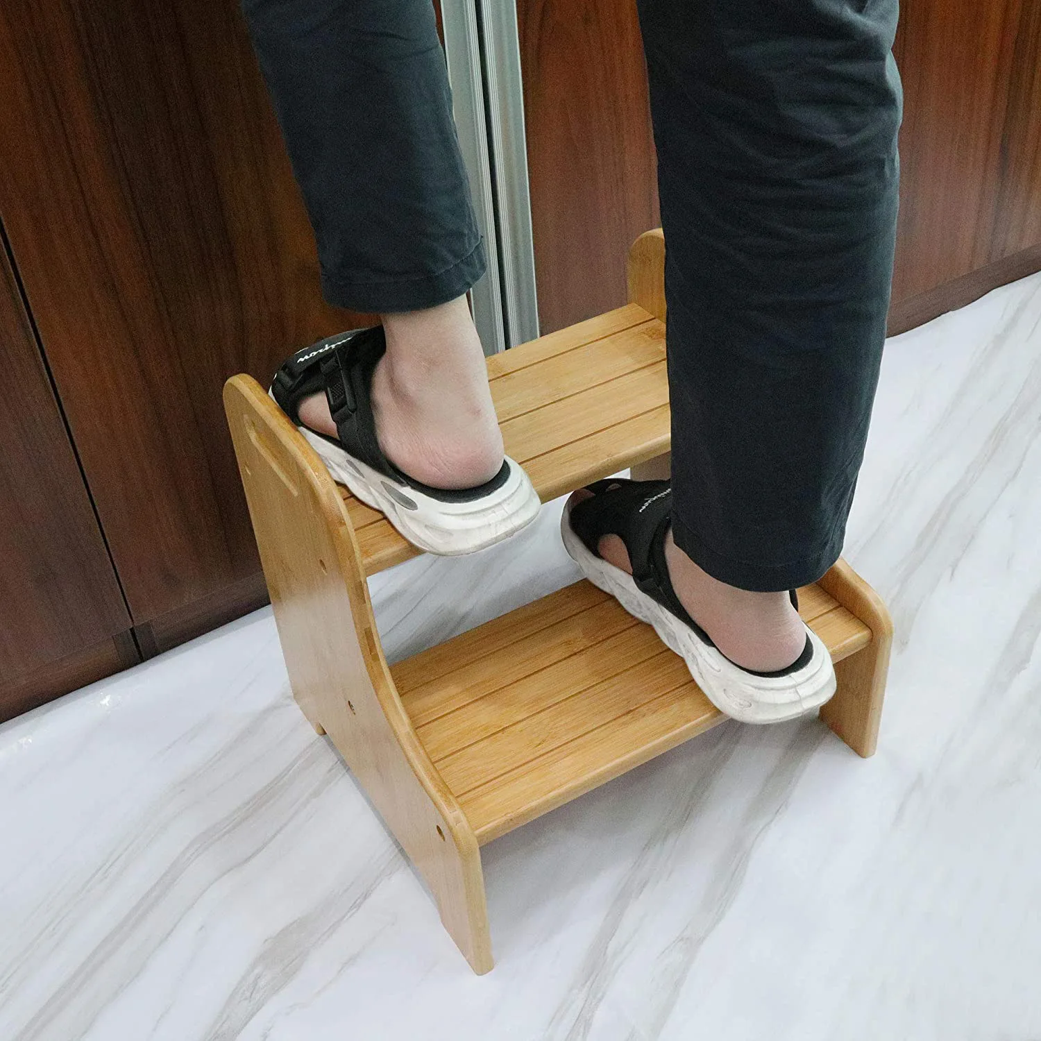 Multi-Purpose Bamboo 2 Step Stool Dual Height Step Stools Kids Toddler Stepping Stool with Safety Non-Slip Pads and Handles