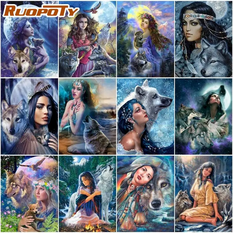 

RUOPOTY 5D Full Square Diamond Painting Girl And Wolf Embroidery Diamond Mosaic Kit Decorations For Home Gift