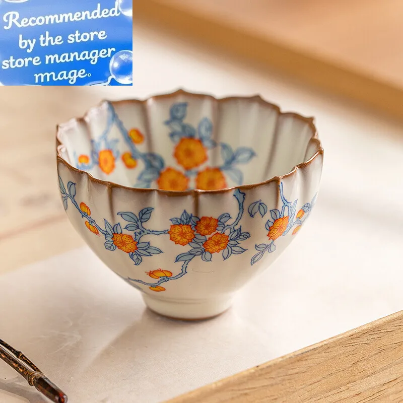 

80ml High End Ru Kiln Porcelain Teacup Apricot Blossom Blue Branch Lotus Petal Cup Personal Master Cup Chazhan Kung Fu Teaware