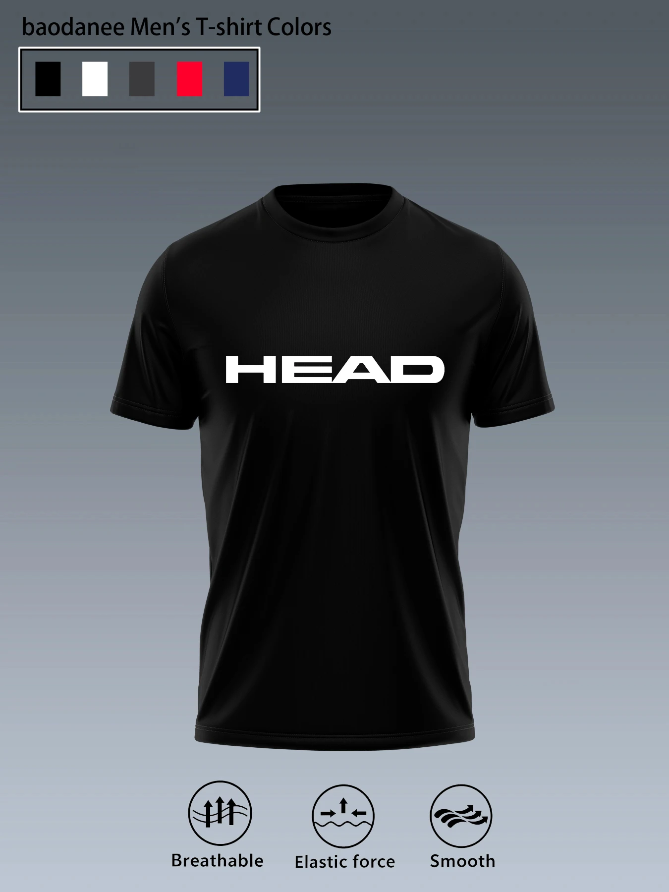 HEAD Letter Print Men Sports T‑shirt Breathable Elastic Smooth Short Sleeve Tops For Tennis Running Gym Training Daily Wear image 2