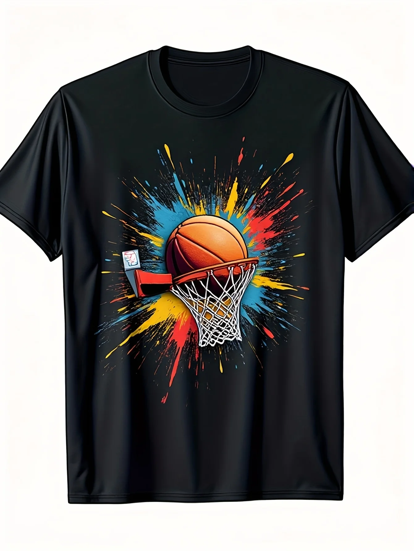 Men'S Black Basketball Graphic T-Shirt Featuring a Dynamic Hoops Design with Colorful Splash Effects,Short Sleeve,Round Neck