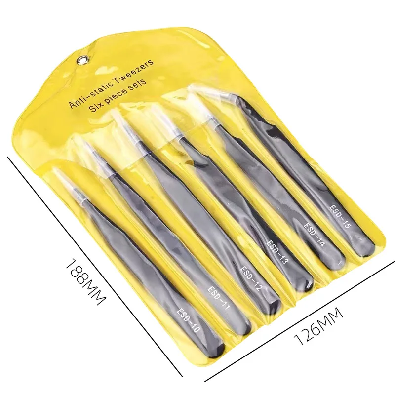 SIKO 6pcs ESD Anti-Static Stainless Steel Tweezers Set Maintenance Repair Tool Kit Anti Static Model Making Tool Hand Tool Set