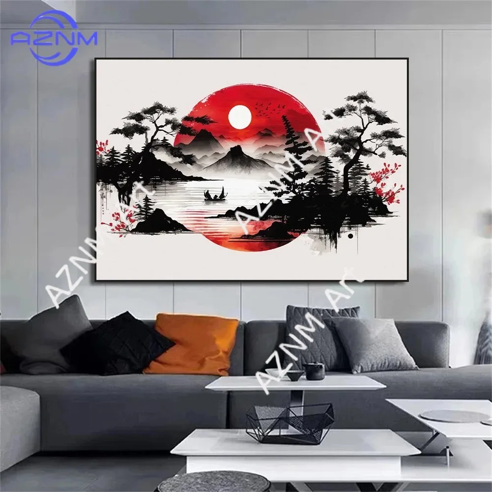 Póster de Arte en Tela con Diseño de Paisaje Chino, Pájaros, Bosque, Montaña, Río, Carpa Koi, Pintura Artística en Tinta, Impresiones Decorativas para Pared, Decoración del Hogar