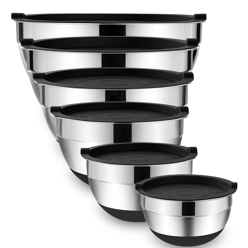 

LMETJMA Mixing Bowls with Lids and Non Slip Bases Stainless Steel Set for Baking Nesting Storage KC0418 6 Pcs