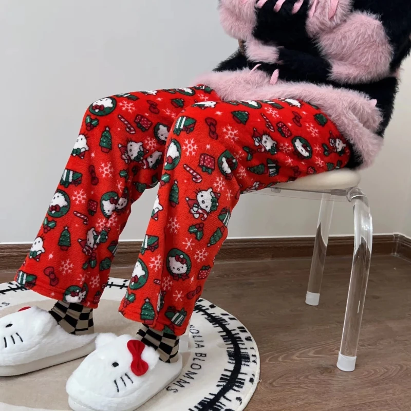 Kawaii Sanrio Hello Kitty Girl Pajamas Pants Black Women Soft Plush Thickening Trousers Clothes Warm Female Casual Pants Y2K