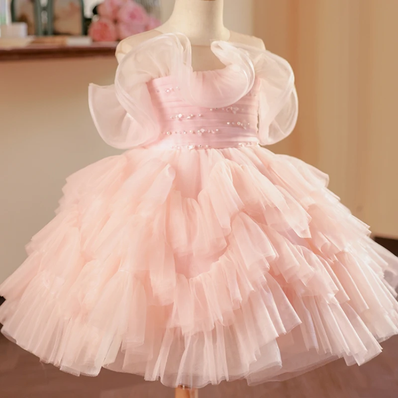 

Flower Girl Dress For Wedding Pink Fluffy Tulle Pearls Little Kids Birthday Party Piano Performance Dress Pageant Ball Gowns